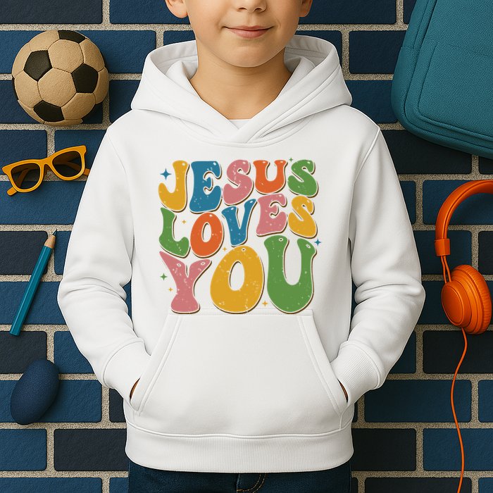 Jesus Loves You Retro Groovy Kids Hoodie