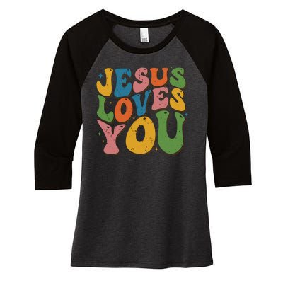 Jesus Loves You Retro Groovy Women's Tri-Blend 3/4-Sleeve Raglan Shirt