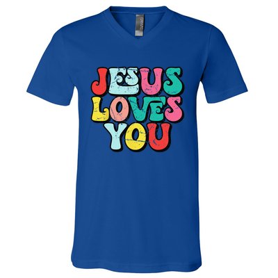 Jesus Loves You Retro Vintage Style Groovy Style V-Neck T-Shirt