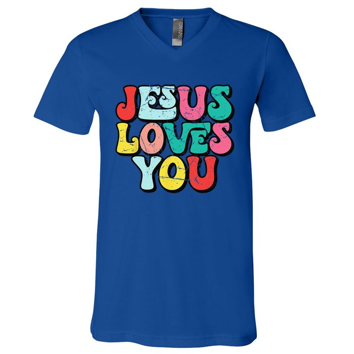 Jesus Loves You Retro Vintage Style Groovy Style V-Neck T-Shirt