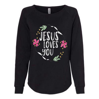 Jesus Loves You With Round Flower Frame Graphic Womens California Wash Sweatshirt