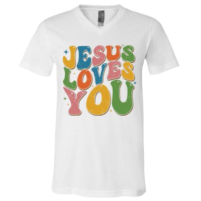 Jesus Loves You Retro Vintage Groovy V-Neck T-Shirt