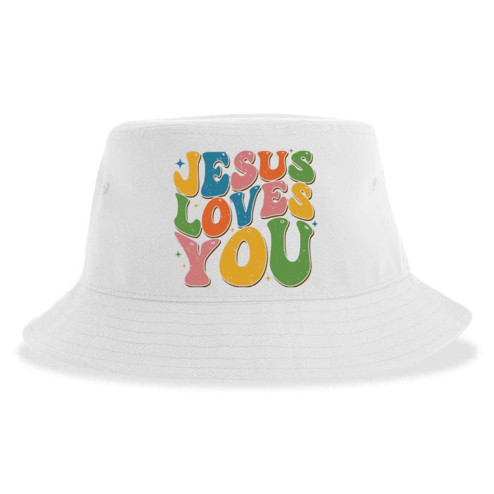 Jesus Loves You Retro Vintage Groovy Sustainable Bucket Hat