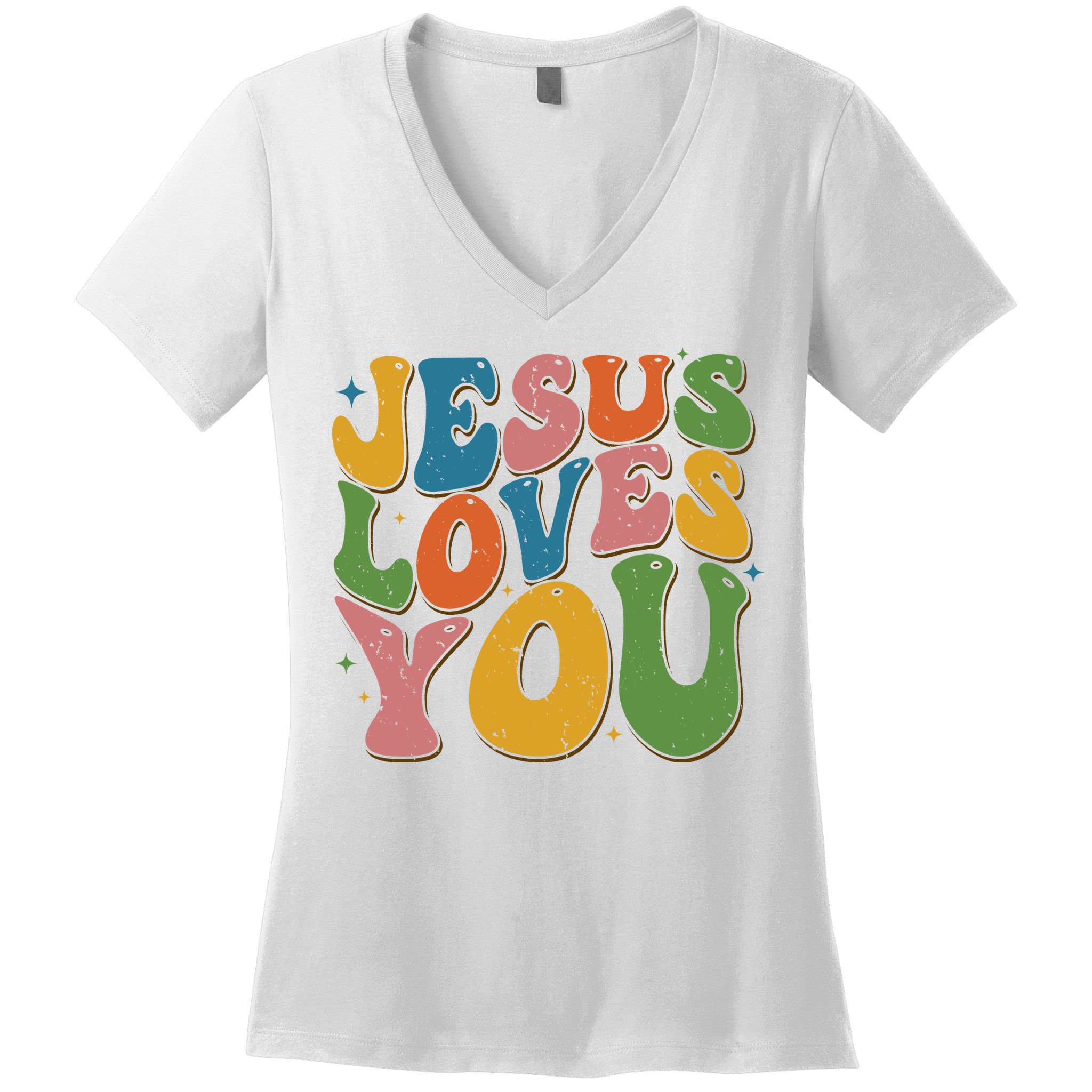 Jesus Loves You Retro Vintage Groovy Women's V-Neck T-Shirt
