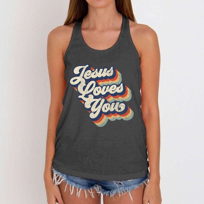 Jesus Loves You Retro Vintage Style Graphic Design Women's Knotted Racerback Tank