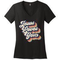 Jesus Loves You Retro Vintage Style Graphic Design Women's V-Neck T-Shirt