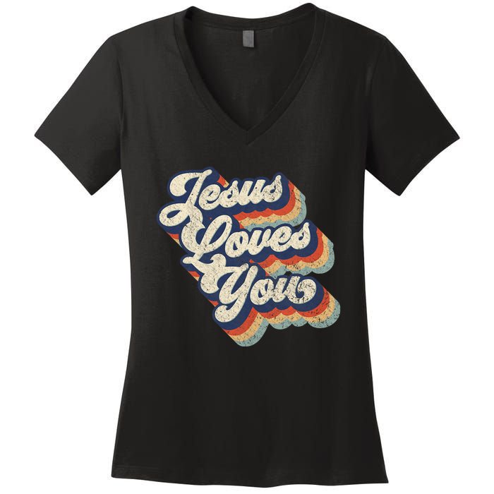 Jesus Loves You Retro Vintage Style Graphic Design Women's V-Neck T-Shirt