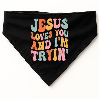 Jesus Loves You & I'm Trying Funny Christian Saying USA-Made Doggie Bandana