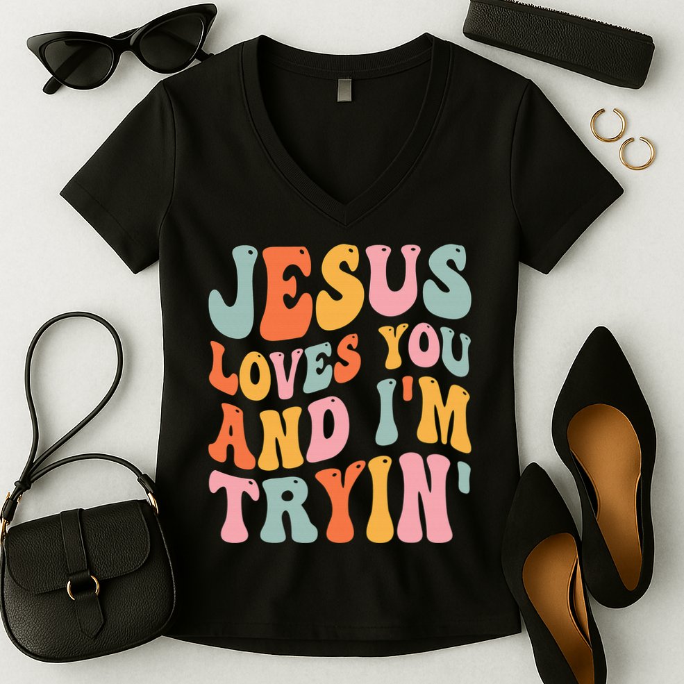 Jesus Loves You & I'm Trying Funny Christian Saying Women's V-Neck T-Shirt