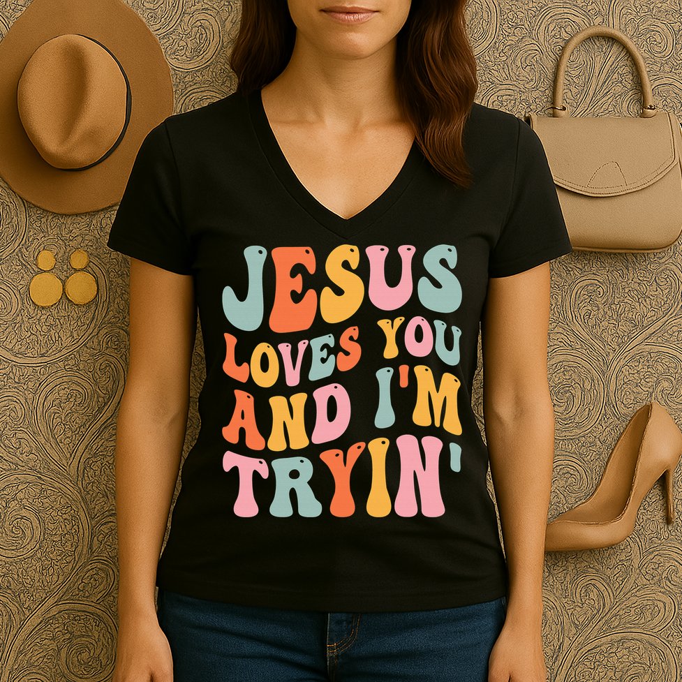 Jesus Loves You & I'm Trying Funny Christian Saying Women's V-Neck T-Shirt