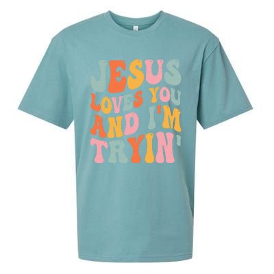 Jesus Loves You & I'm Trying Funny Christian Saying Sueded Cloud Jersey T-Shirt