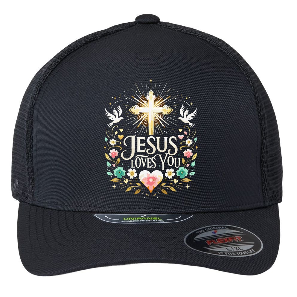 Jesus Loves You Faith Religious Catholic Christian Pastor Flexfit Unipanel Trucker Cap