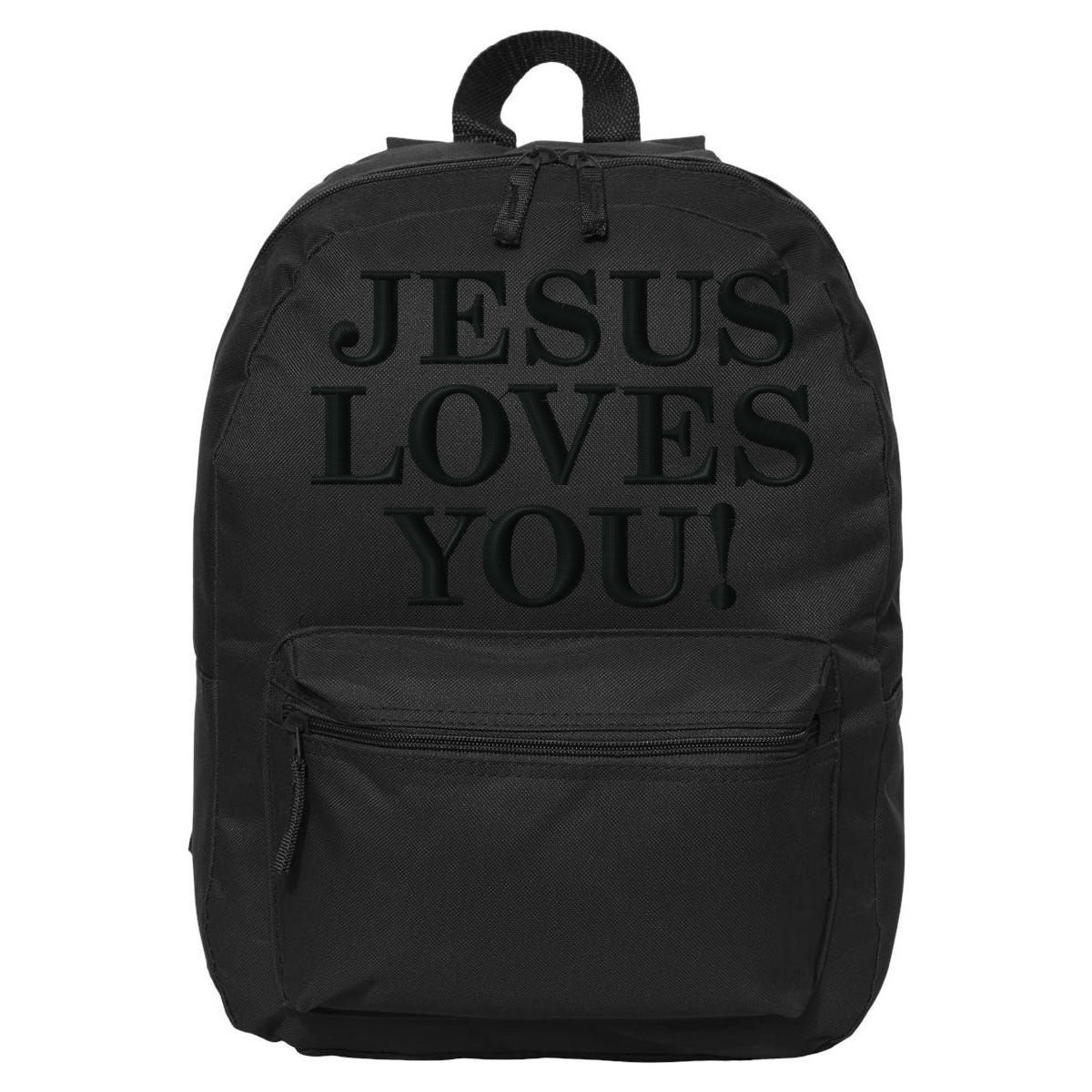 Jesus Loves You Christian Hope Faith Charity Black Embroidered Embroidered 16 in Basic Backpack