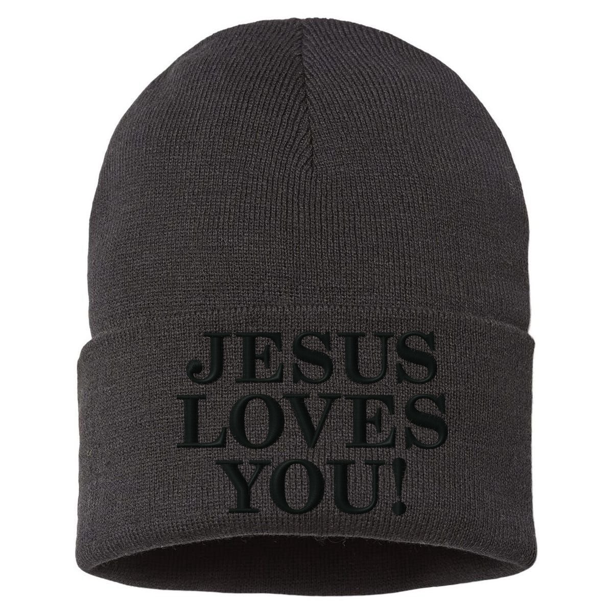 Jesus Loves You Christian Hope Faith Charity Black Embroidered Embroidered Sustainable Knit Beanie