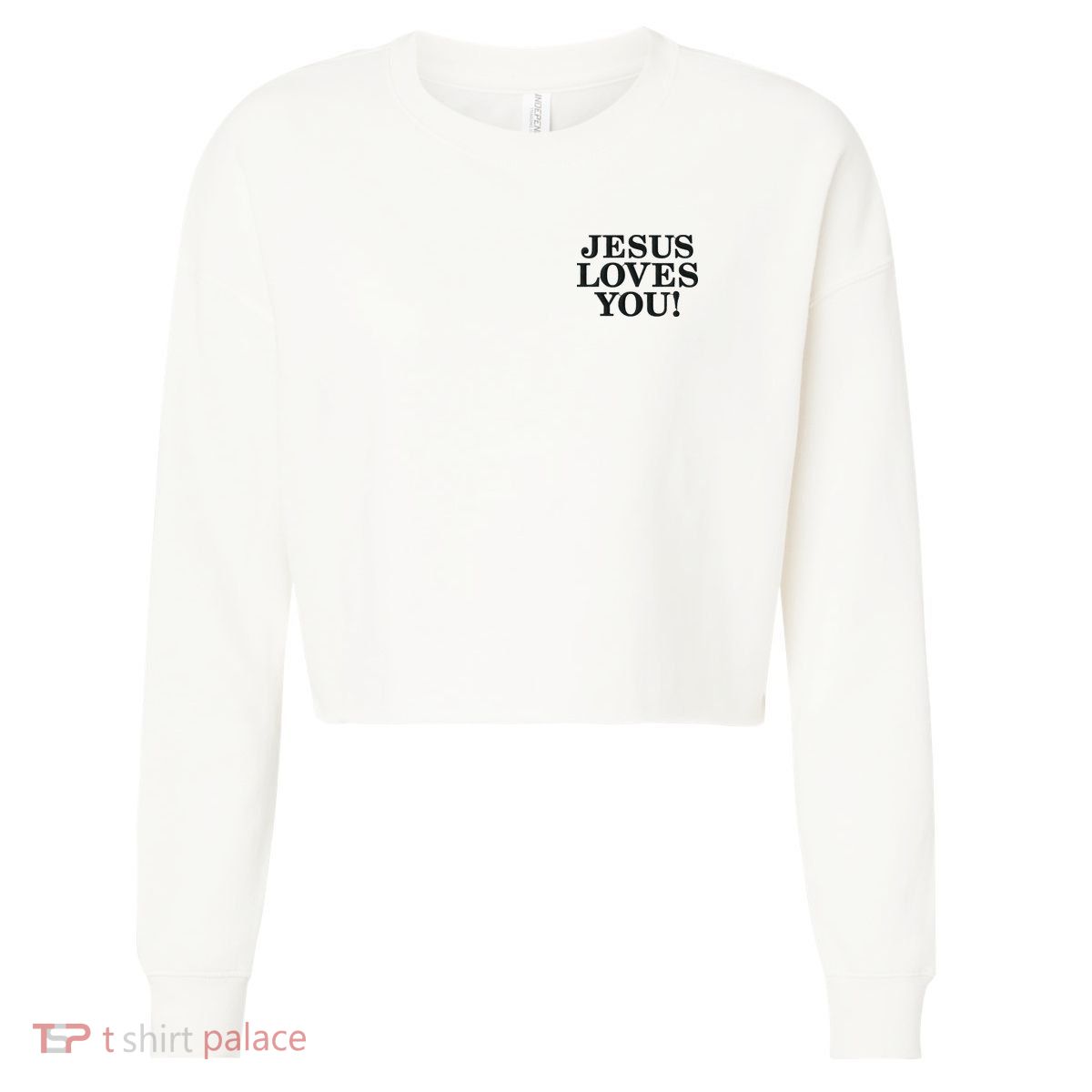 Jesus Loves You Christian Hope Faith Charity Black Embroidered Embroidered Cropped Pullover Crew