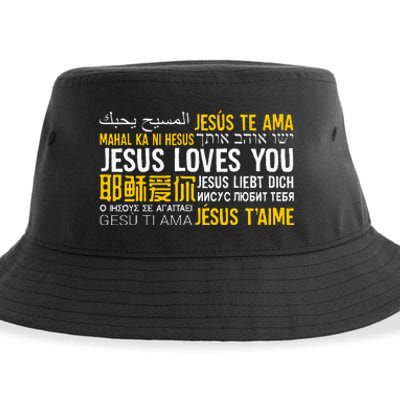 Jesus Loves You In Many Languages Christian Evangelism Sustainable Bucket Hat