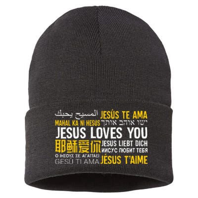 Jesus Loves You In Many Languages Christian Evangelism Sustainable Knit Beanie