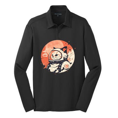 Japanese Minimalist 1950s Retro Space Cat Good Luck Kanji Silk Touch Performance Long Sleeve Polo