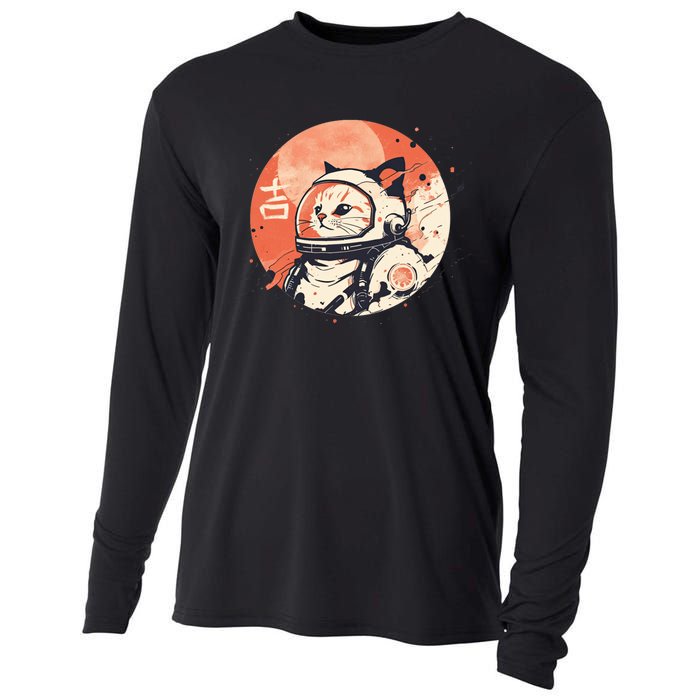 Japanese Minimalist 1950s Retro Space Cat Good Luck Kanji Cooling Performance Long Sleeve Crew