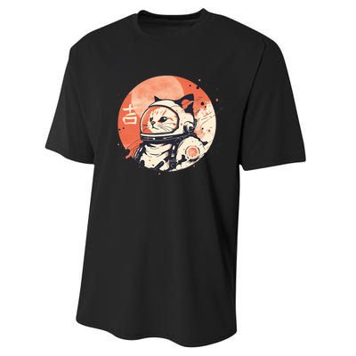 Japanese Minimalist 1950s Retro Space Cat Good Luck Kanji Performance Sprint T-Shirt