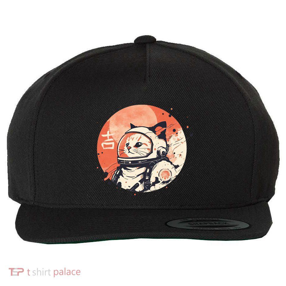 Japanese Minimalist 1950s Retro Space Cat Good Luck Kanji Wool Snapback Cap