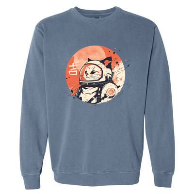 Japanese Minimalist 1950s Retro Space Cat Good Luck Kanji Garment-Dyed Sweatshirt