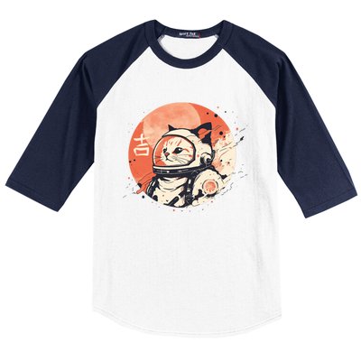 Japanese Minimalist 1950s Retro Space Cat Good Luck Kanji Baseball Sleeve Shirt