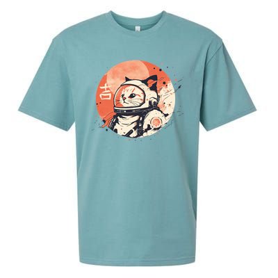 Japanese Minimalist 1950s Retro Space Cat Good Luck Kanji Sueded Cloud Jersey T-Shirt