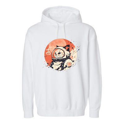 Japanese Minimalist 1950s Retro Space Cat Good Luck Kanji Garment-Dyed Fleece Hoodie