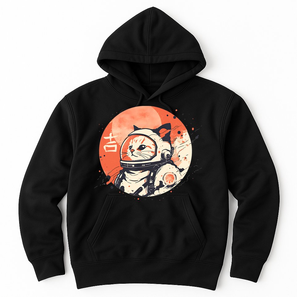 Japanese Minimalist 1950s Retro Space Cat Good Luck Kanji Hoodie