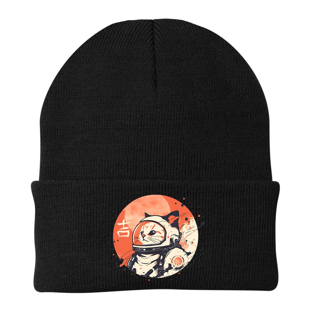 Japanese Minimalist 1950s Retro Space Cat Good Luck Kanji Beanie