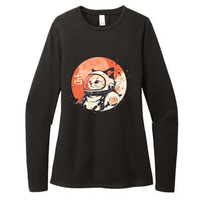 Japanese Minimalist 1950s Retro Space Cat Good Luck Kanji Womens CVC Long Sleeve Shirt