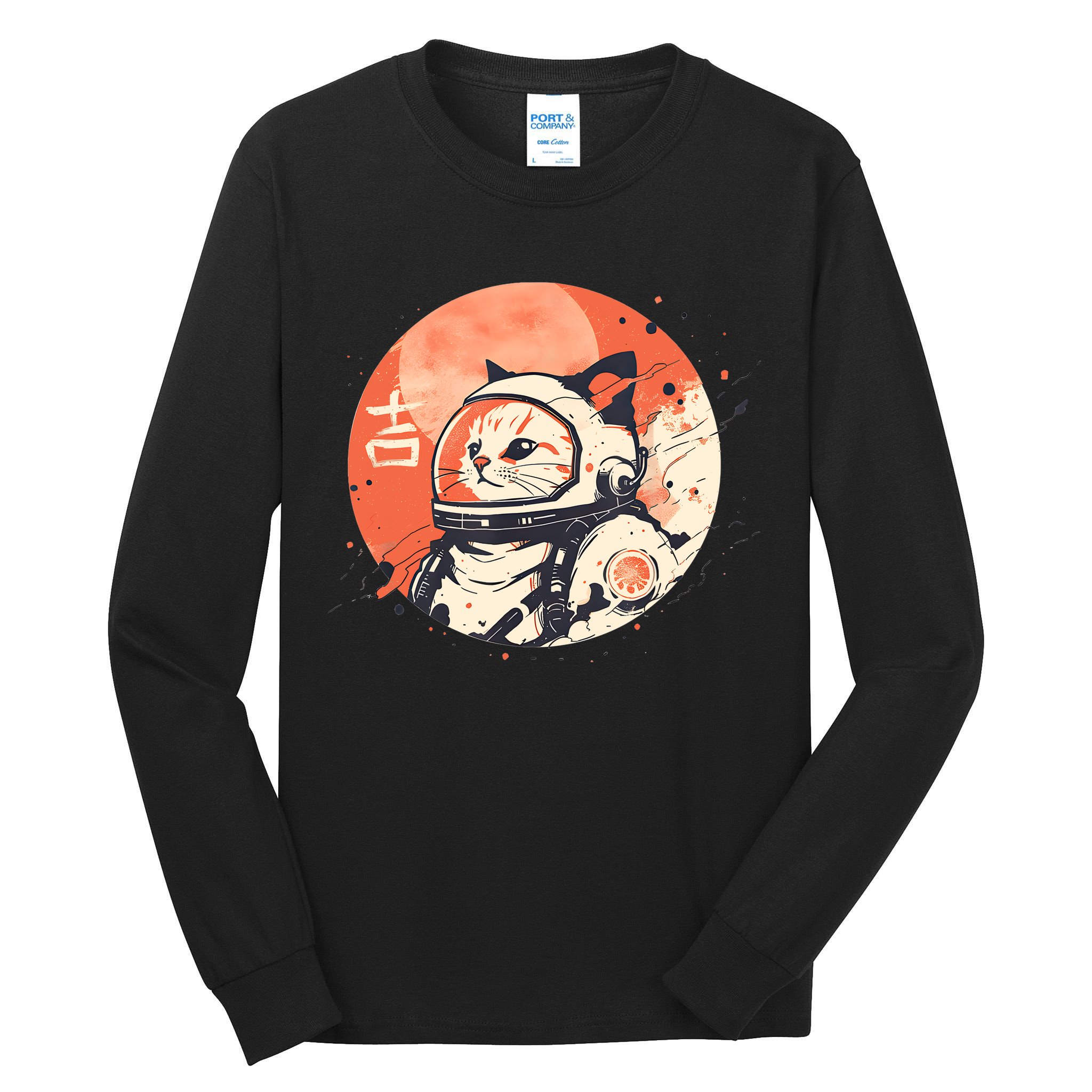 Japanese Minimalist 1950s Retro Space Cat Good Luck Kanji Tall Long Sleeve T-Shirt