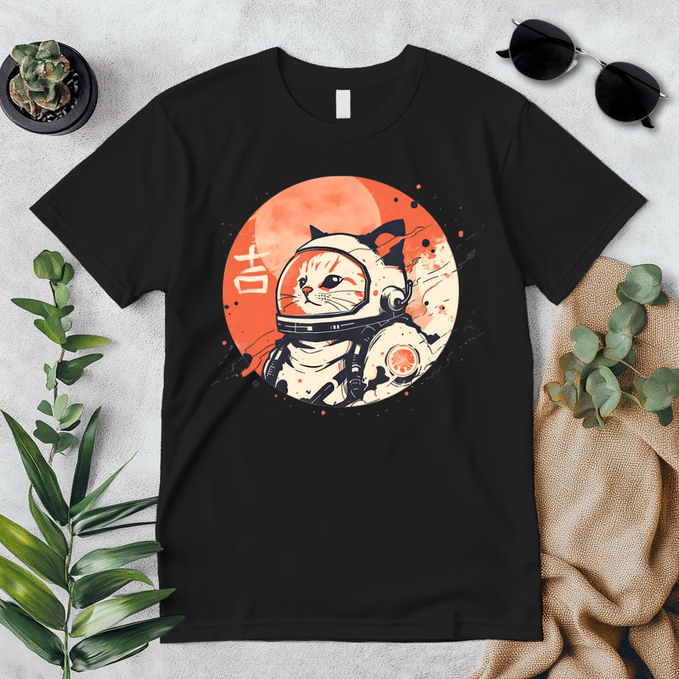 Japanese Minimalist 1950s Retro Space Cat Good Luck Kanji Premium T-Shirt