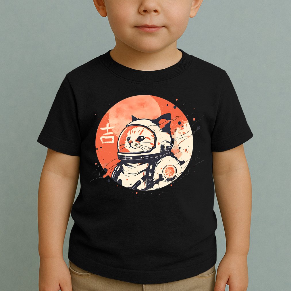 Japanese Minimalist 1950s Retro Space Cat Good Luck Kanji Toddler T-Shirt