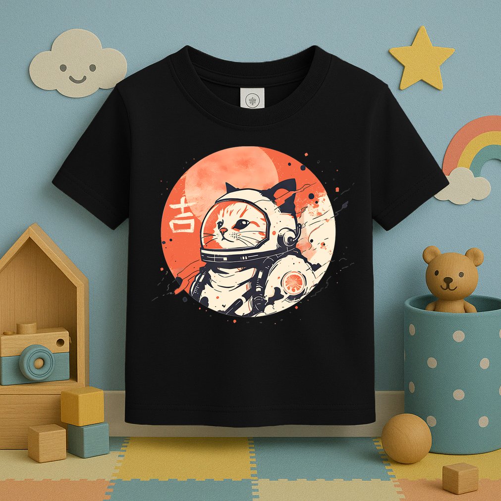 Japanese Minimalist 1950s Retro Space Cat Good Luck Kanji Toddler T-Shirt