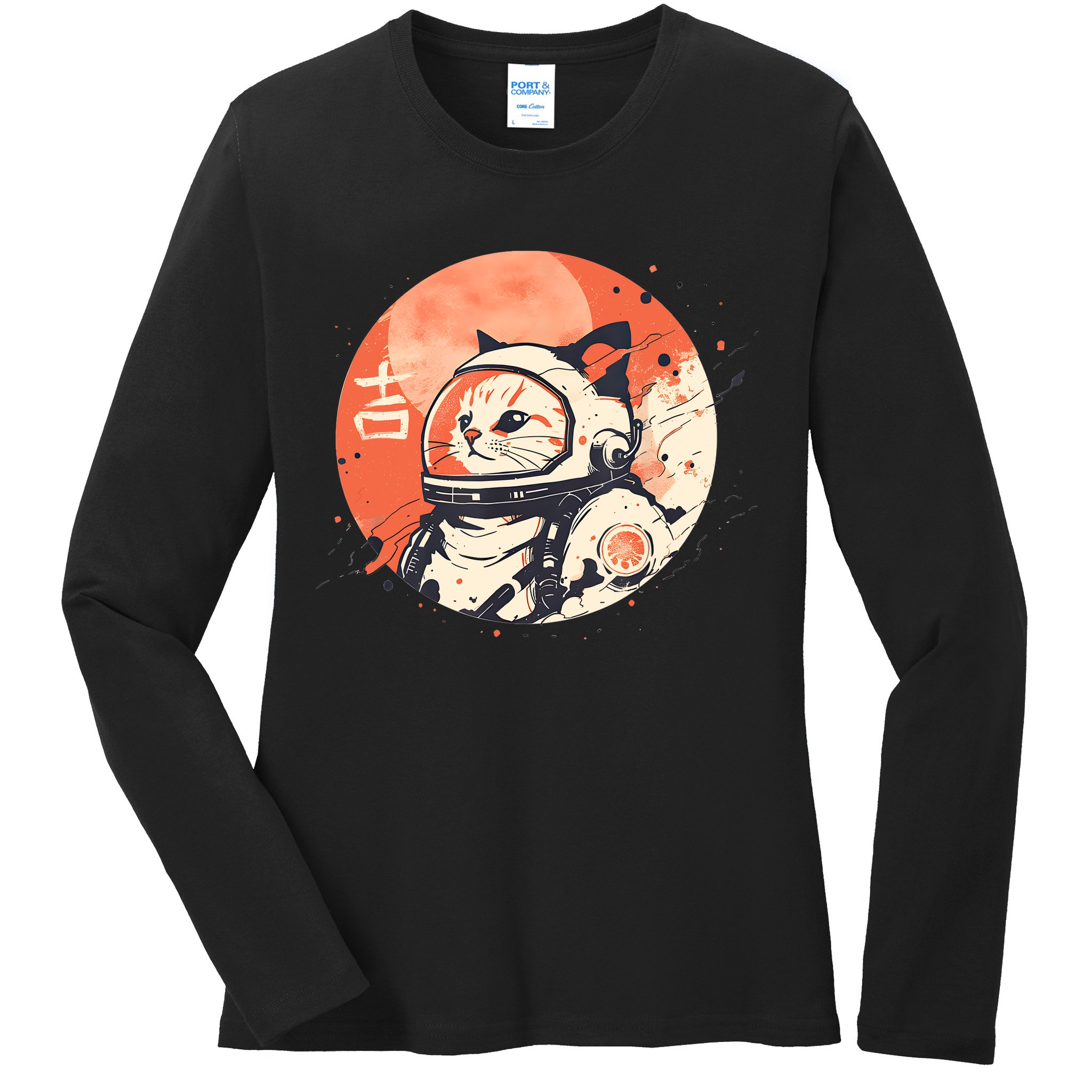 Japanese Minimalist 1950s Retro Space Cat Good Luck Kanji Ladies Long Sleeve Shirt