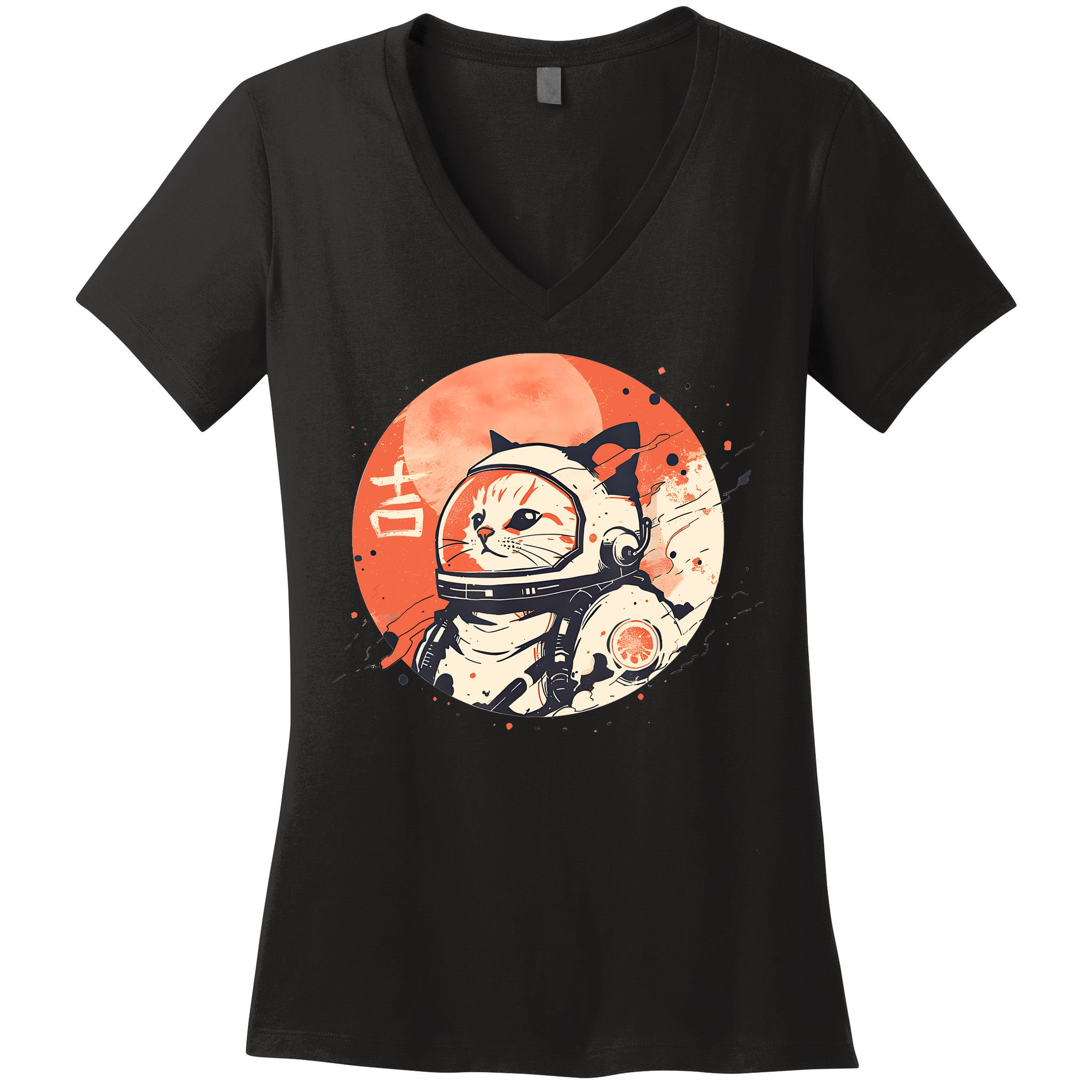 Japanese Minimalist 1950s Retro Space Cat Good Luck Kanji Women's V-Neck T-Shirt
