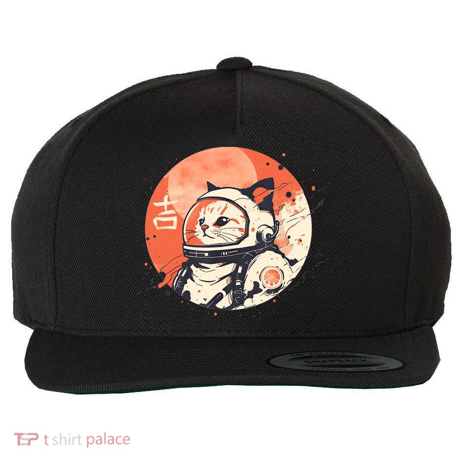 Japanese Minimalist 1950s Retro Space Cat Good Luck Kanji Wool Snapback Cap