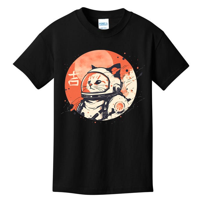 Japanese Minimalist 1950s Retro Space Cat Good Luck Kanji Kids T-Shirt