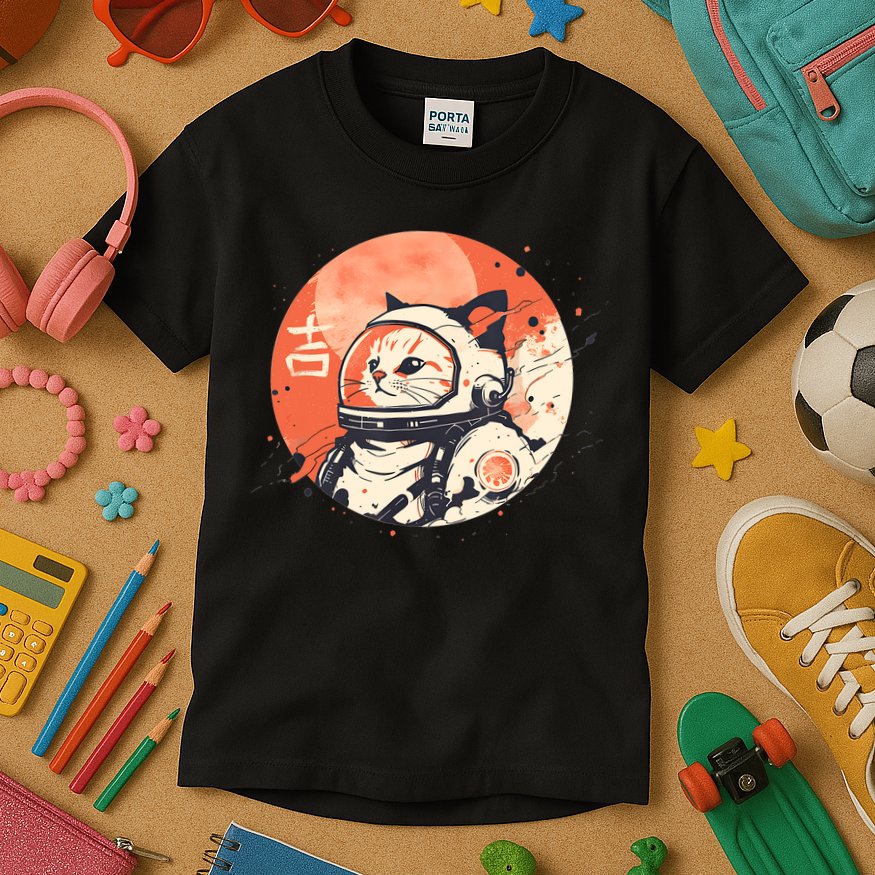Japanese Minimalist 1950s Retro Space Cat Good Luck Kanji Kids T-Shirt