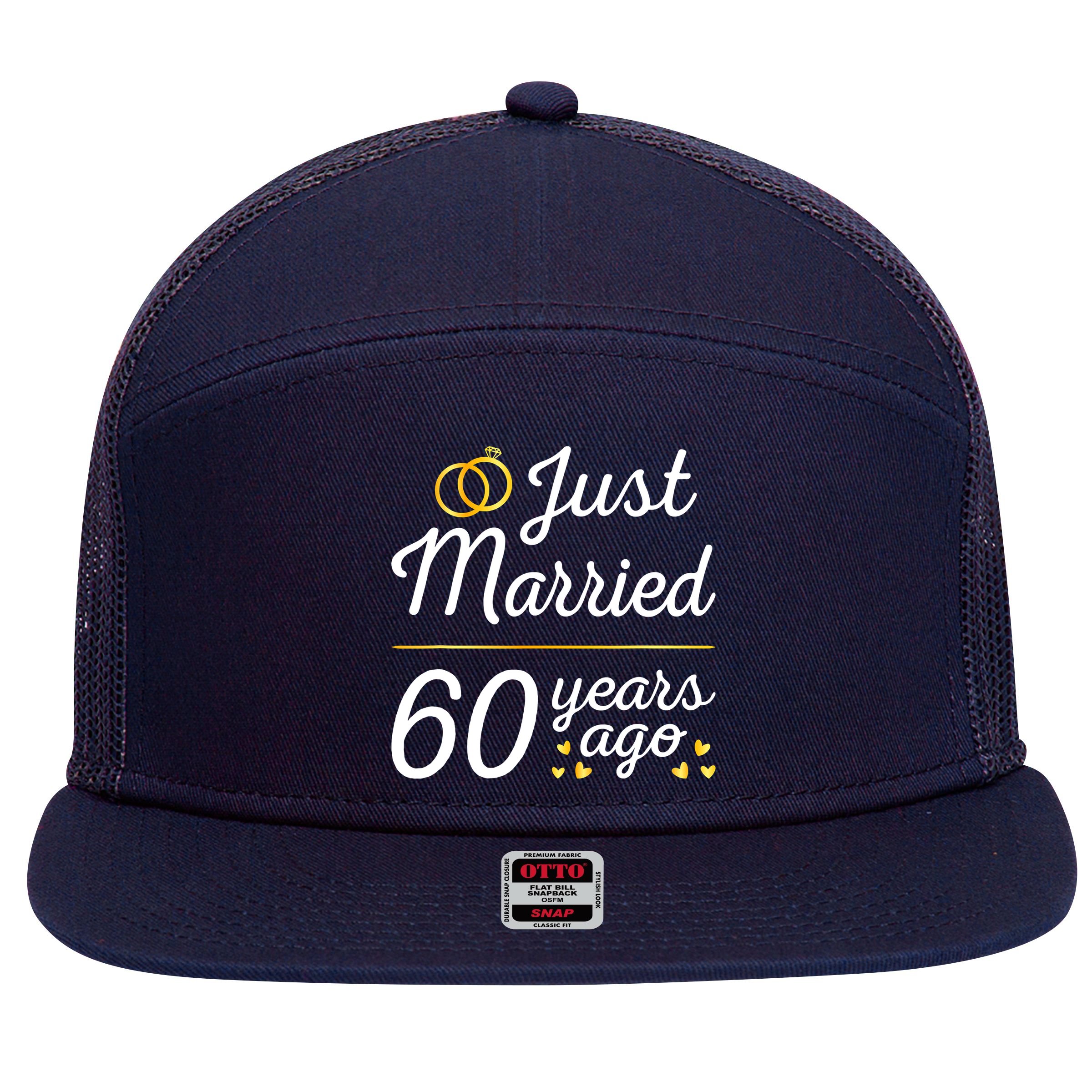 Just Married 60 Years Ago 60th Wedding Anniversary Matching 7 Panel Mesh Trucker Snapback Hat
