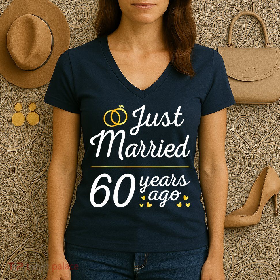 Just Married 60 Years Ago 60th Wedding Anniversary Matching Women's V-Neck T-Shirt