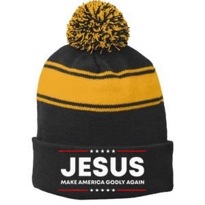 Jesus Make America Godly Again Patriotic Christian Faith USA Stripe Pom Pom Beanie