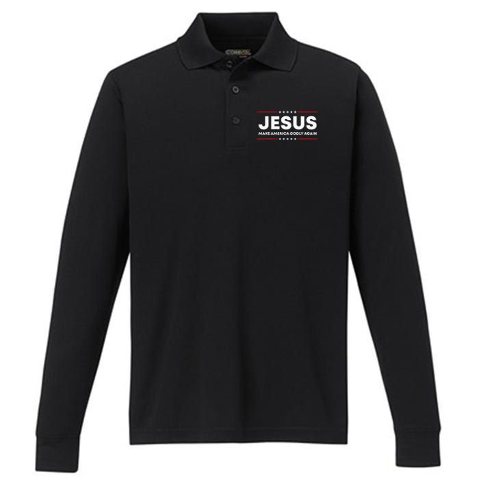 Jesus Make America Godly Again Patriotic Christian Faith USA Performance Long Sleeve Polo