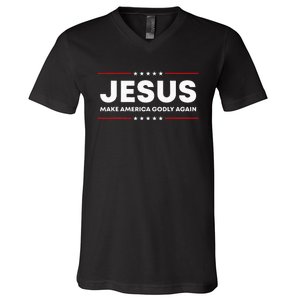 Jesus Make America Godly Again Patriotic Christian Faith USA V-Neck T-Shirt