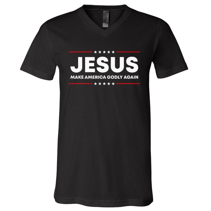 Jesus Make America Godly Again Patriotic Christian Faith USA V-Neck T-Shirt