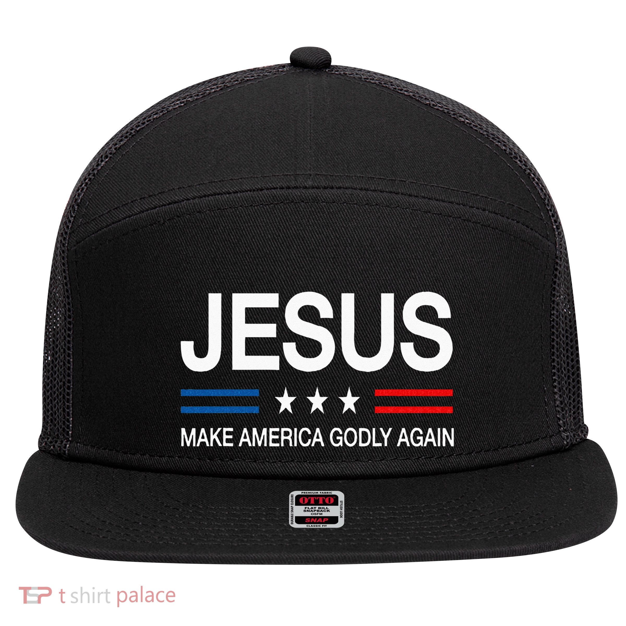 Jesus Make America Godly Again Christian Patriot God Faith 7 Panel Mesh Trucker Snapback Hat