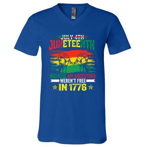 Juneteenth My Ancestors Free Black African Flag Pride Fist Gift V-Neck T-Shirt