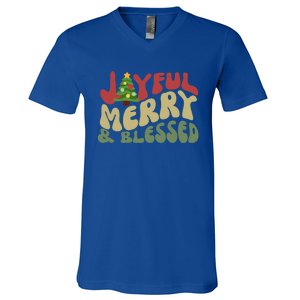 Joyful Merry And Blessed Retro Christmas Tree Lights Funny Gift V-Neck T-Shirt